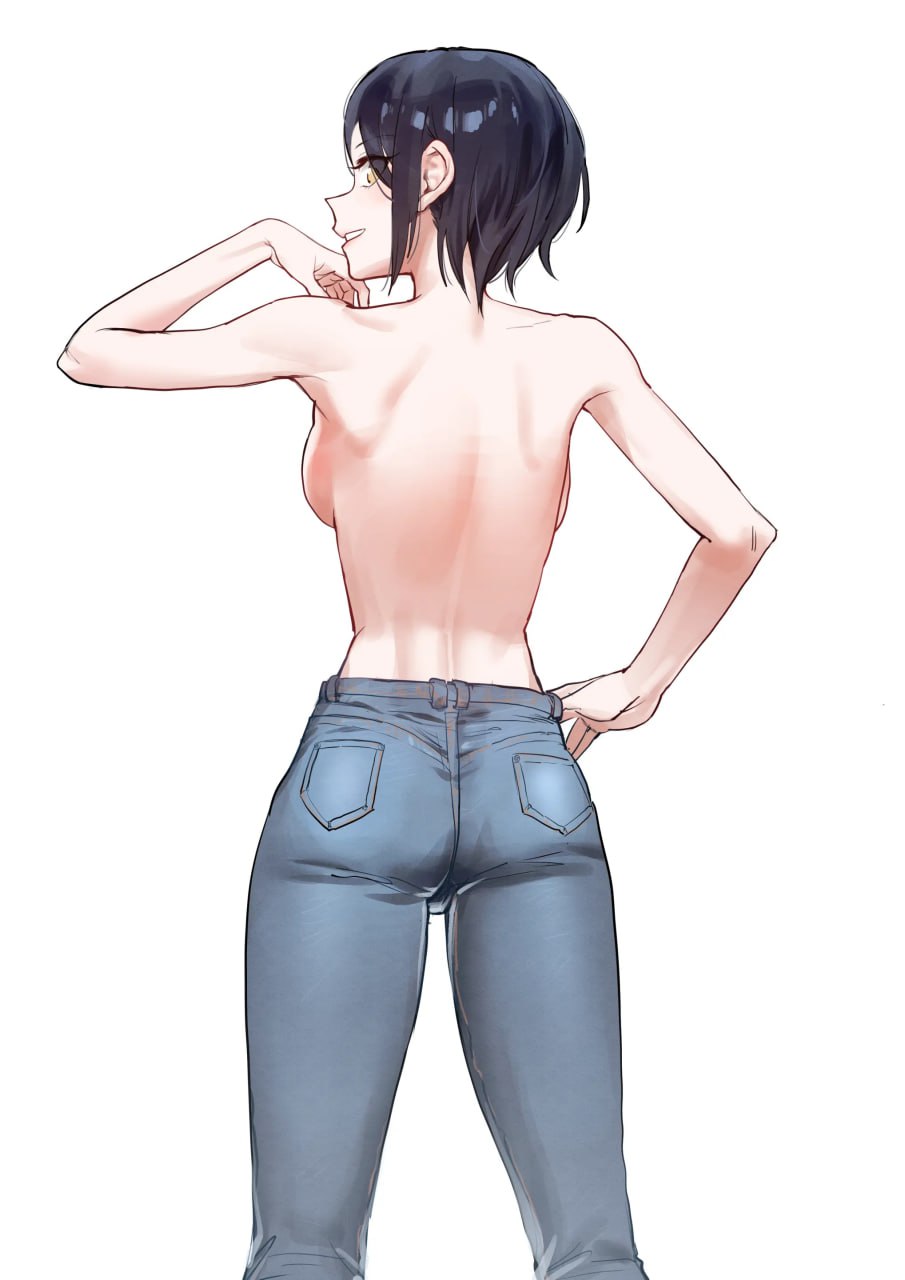 Anime Girl Bare Back Tight Jeans Hot anime girl showing off her bare back and sexy butt in tight jeans, looking back with a seductive smile.