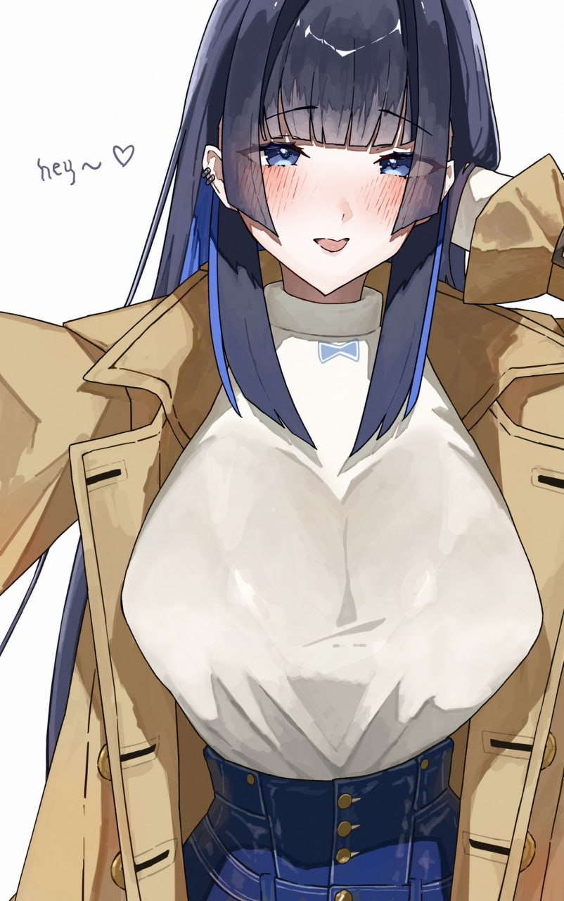 Busty Anime Girl in Trench Coat Blushing anime girl with massive tits in a trench coat, showing off her natural curves.