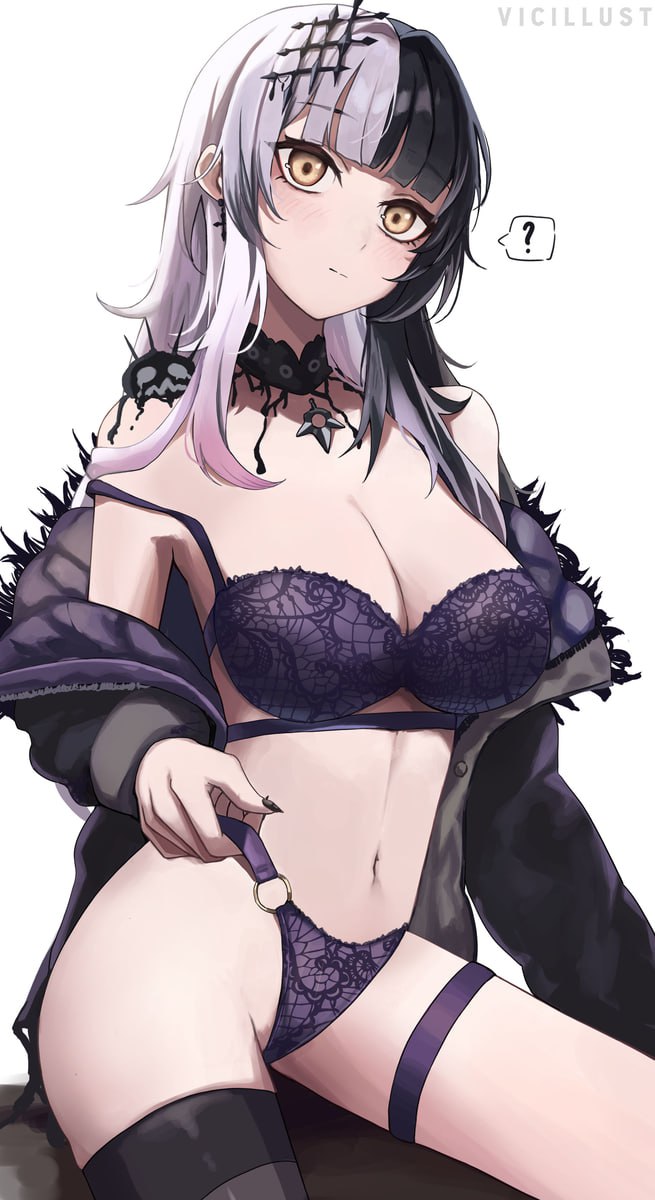 Anime Girl in Lace Lingerie Anime girl in revealing lace lingerie, with split-dyed black and white hair, posing suggestively.