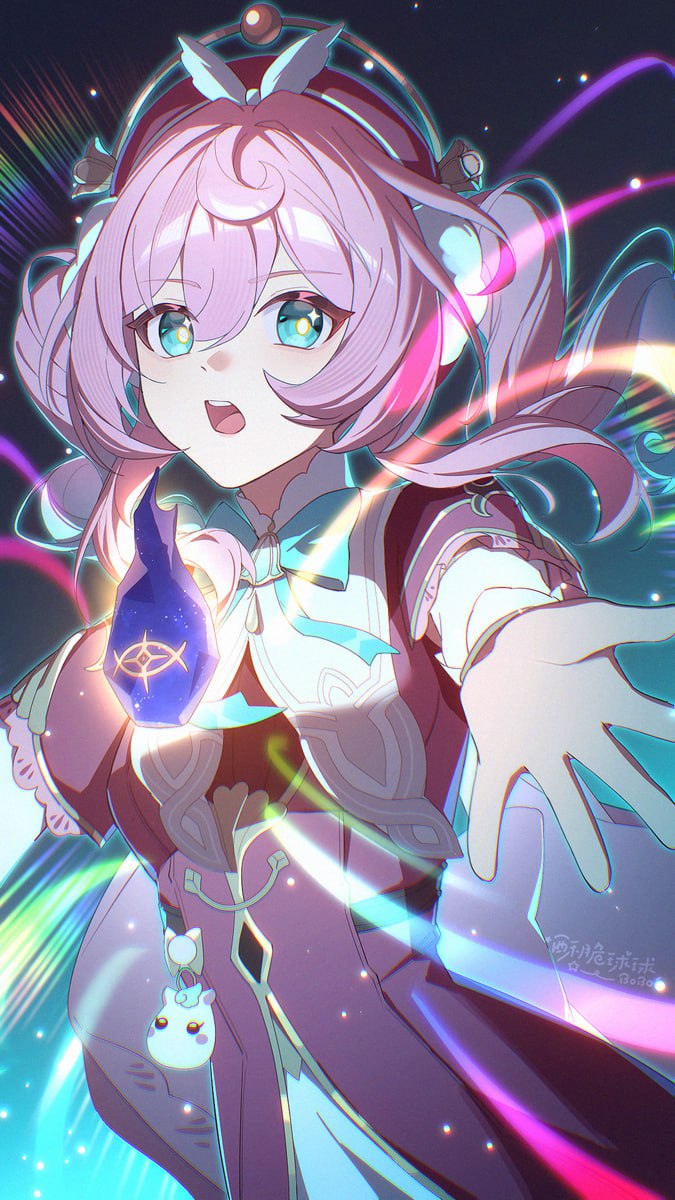 Anime Girl with Magical Glow A vibrantly colored anime girl with pink hair and big blue eyes, wearing a purple and white outfit, reaching out with her right hand while a glowing blue orb hovers near her chest, surrounded by streaks of colored light.