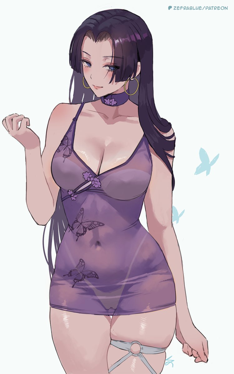 Anime Hot Boa Hancock in Purple Lingerie Seductive anime succubus with huge breasts offering a peek through her sheer purple chemise with butterfly embroidery, showcasing her lush body and seductive garter.