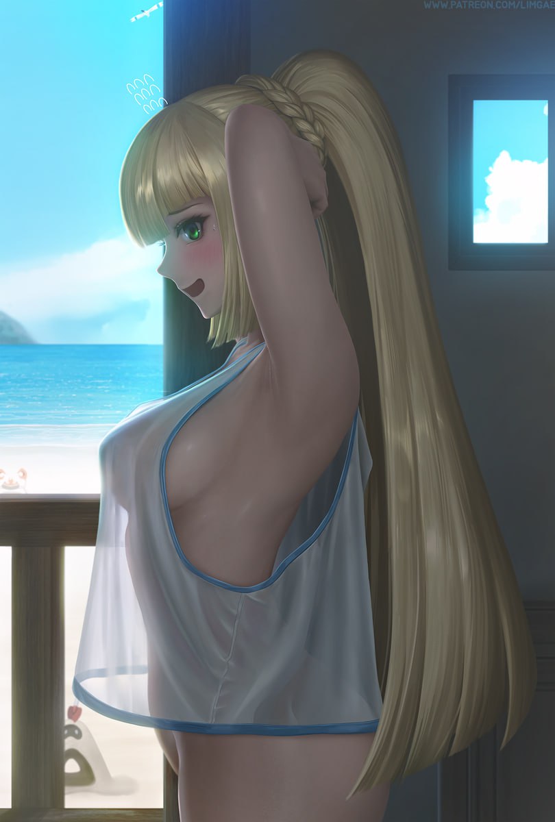 Blonde Anime Babe in Sheer Top at Beach Paradise Blonde anime babe flaunts her perky tits in a sheer top on a sunny beach balcony. Her big bouncy boobs are almost spilling out of her translucent shirt. Perfect for voyeuristic desires on a hot day. This stunning digital artwork captures every sensual curve and provocative detail.