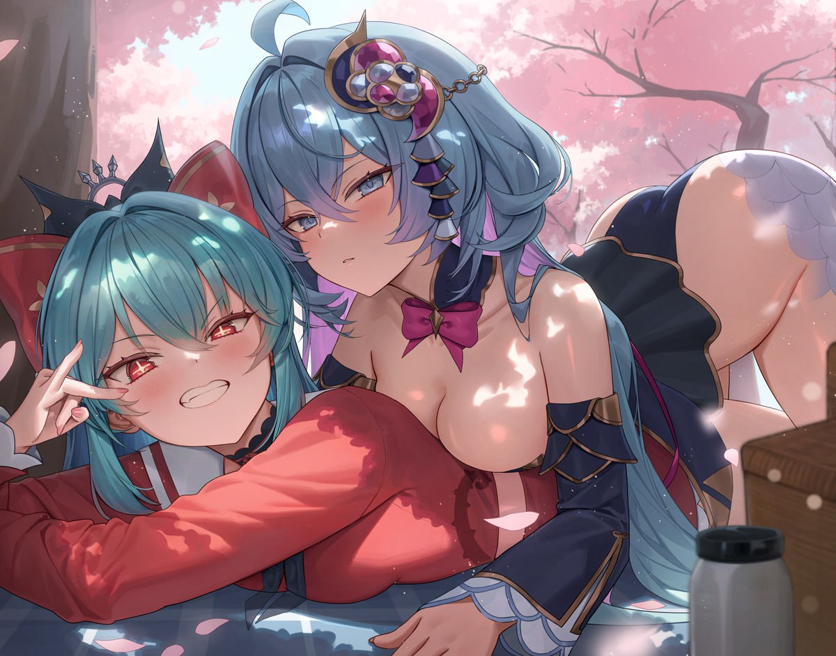 Blue-Haired Anime Beauties With Exposed Cleavage Two anime beauties with striking blue hair and seductive expressions, one playfully signaling, the other showing ample cleavage.