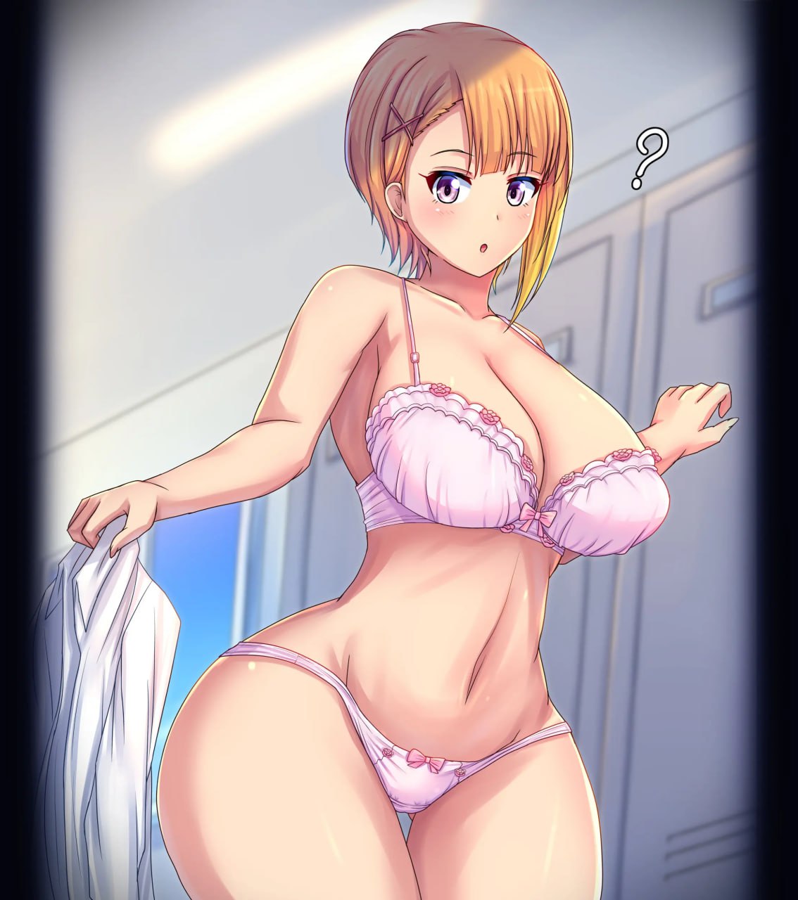 Busty Anime Girl in Pink Lingerie A busty anime girl in delicate pink lingerie, ready to dress in a sunlit locker room.