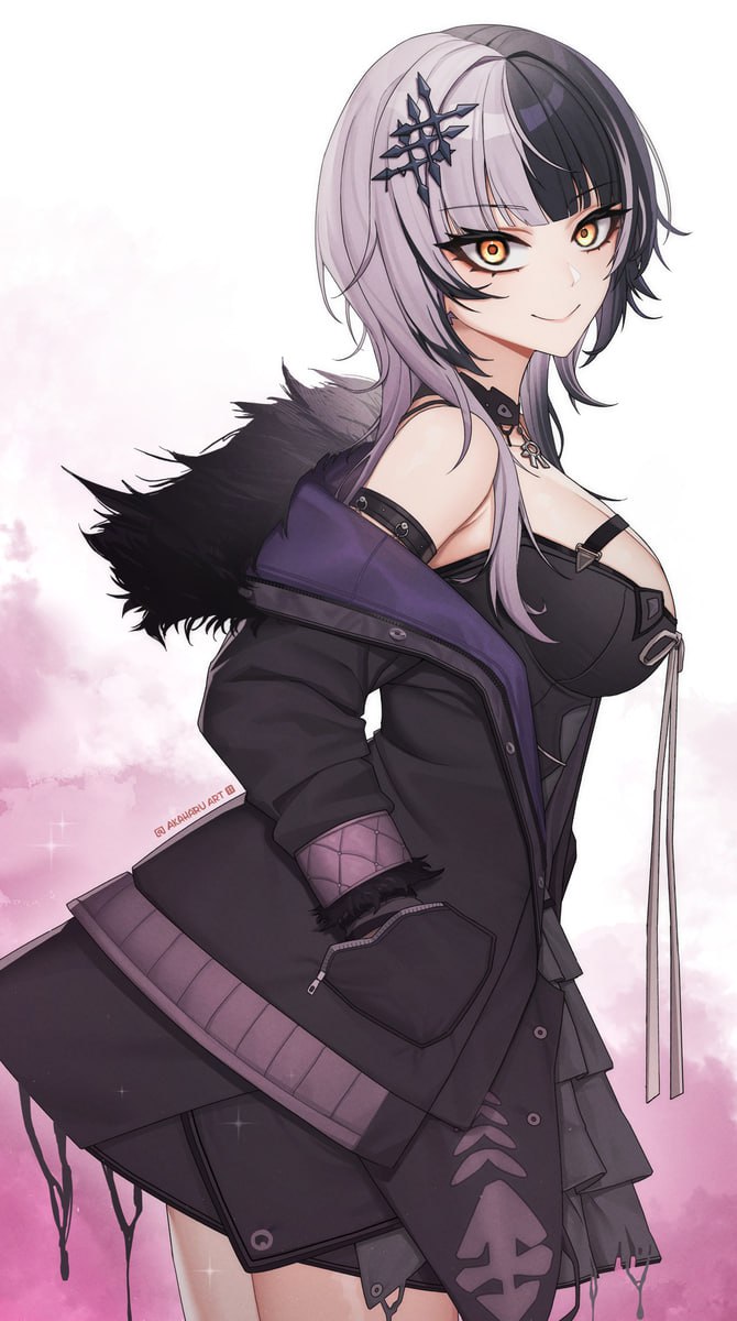 Charming Anime Girl with Seductive Eyes Charming anime girl with captivating eyes and stylish black and white hair exudes subtle allure in this enticing image.