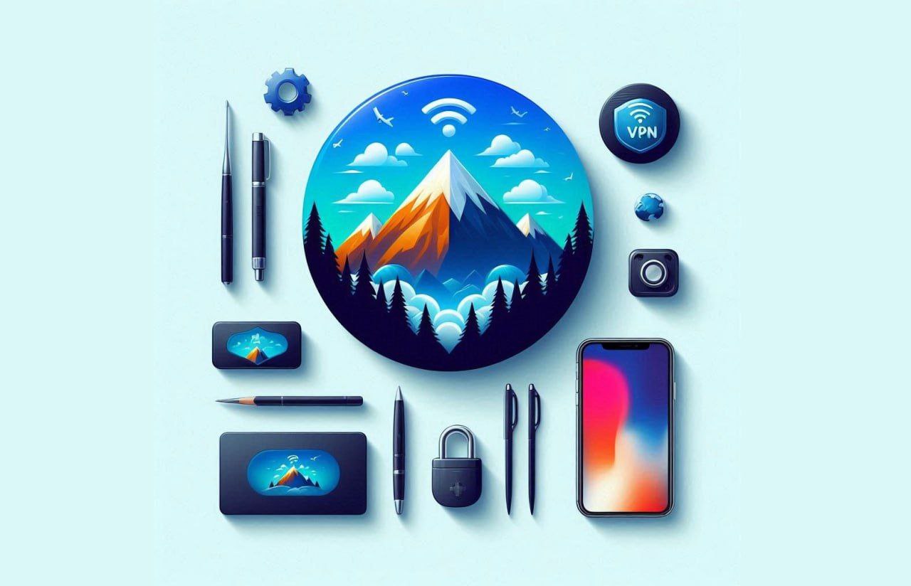 Digital Mountain Workstation: Connectivity and Creativity A collection of items arranged on a light blue background, including a large circular design featuring mountains and a Wi-Fi symbol, and various desk accessories.
