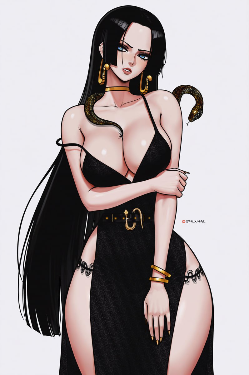 Empress Boa Hancock in Slinky Black Dress with Cleavage and Thigh High Slits Empress Boa Hancock in Slinky Black Dress with Cleavage and Thigh High Slits