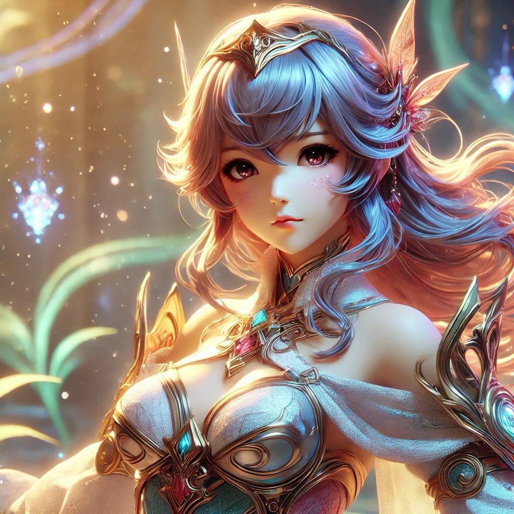 Enchanting Anime Nymph with Flowing Hair Enchanting anime nymph with flowing colorful hair and delicate armor.