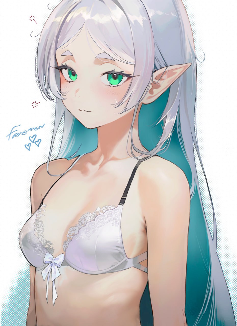 Frieren in White Bra Anime Girl Frieren with long silver hair and emerald eyes wearing a white lace bra.