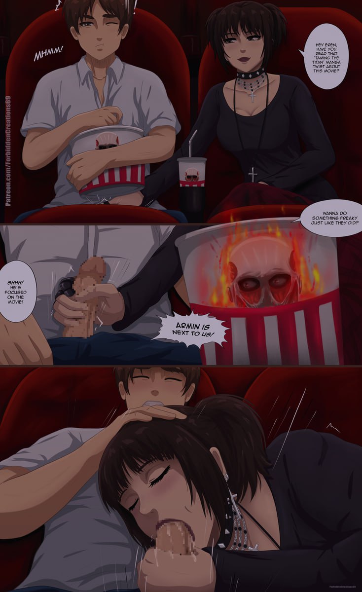 Gothic Public Blowjob Movie Theater A gothic woman gives oral pleasure to a man in a movie theater, as he holds a popcorn bucket with a burning skull.