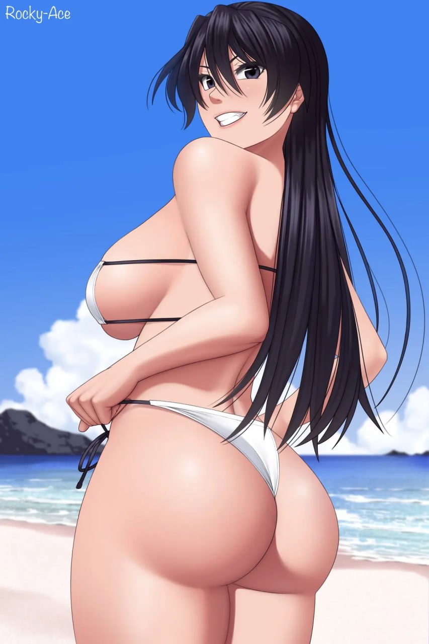 Hentai Beach Babe in White Bikini Hot anime girl in tiny white bikini on the beach, pulling down her thong bottoms to reveal her juicy ass and big breasts.