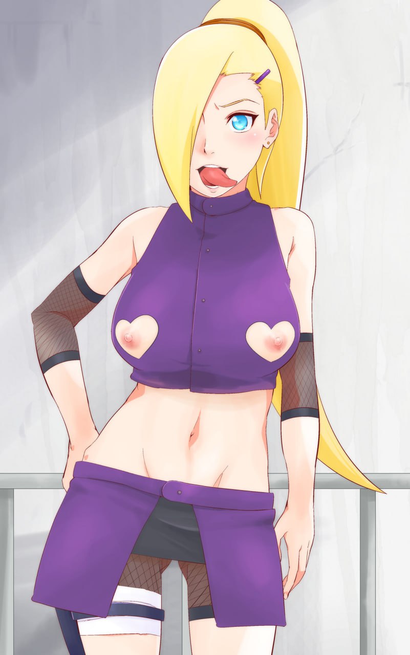 Hentai Ino Yamanaka: Exposed Nipples and Teasing Tongue Ino Yamanaka, the blonde kunoichi from Naruto, teases with exposed nipples and a suggestive tongue flick, showcasing her ample breasts and flat stomach.