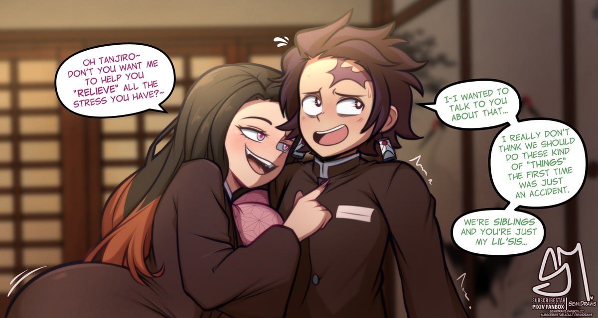 Hentai Sister Sex: Nezuko Offering Stress Relief to Tanjiro Nezuko offers to "relieve" Tanjiro's stress in a suggestive anime scenario involving siblings.