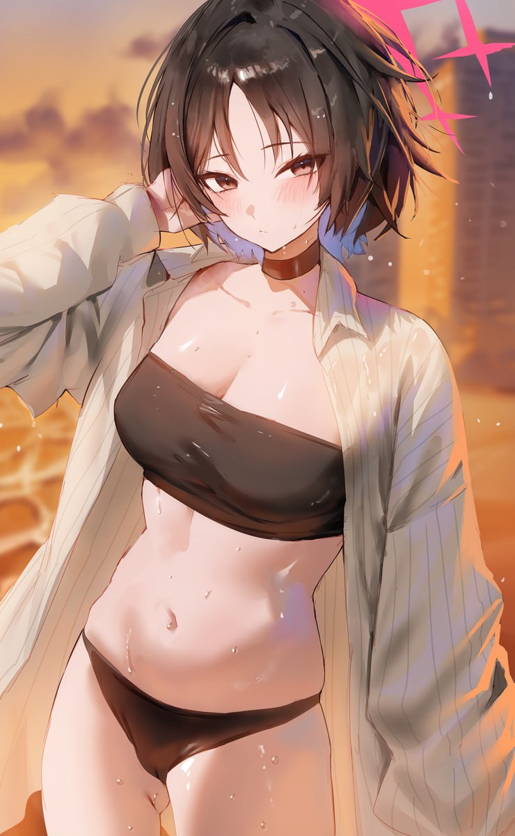 Hot Anime Girl in Bikini With Wet Body Hot anime girl in wet bikini top and black panties teasing with her beautiful body and exposed belly button. She is wearing a choker around her neck. Her skin is wet, glistening with drops of water.