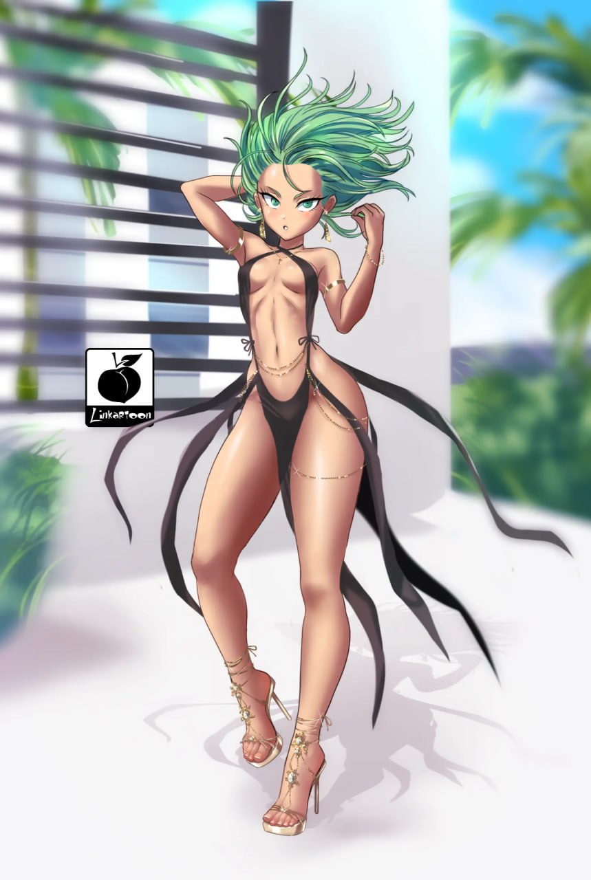 Hot Anime Girl with Green Hair in Skimpy Black Outfit Hot anime girl in a skimpy black dress with green hair and gold accessories.
