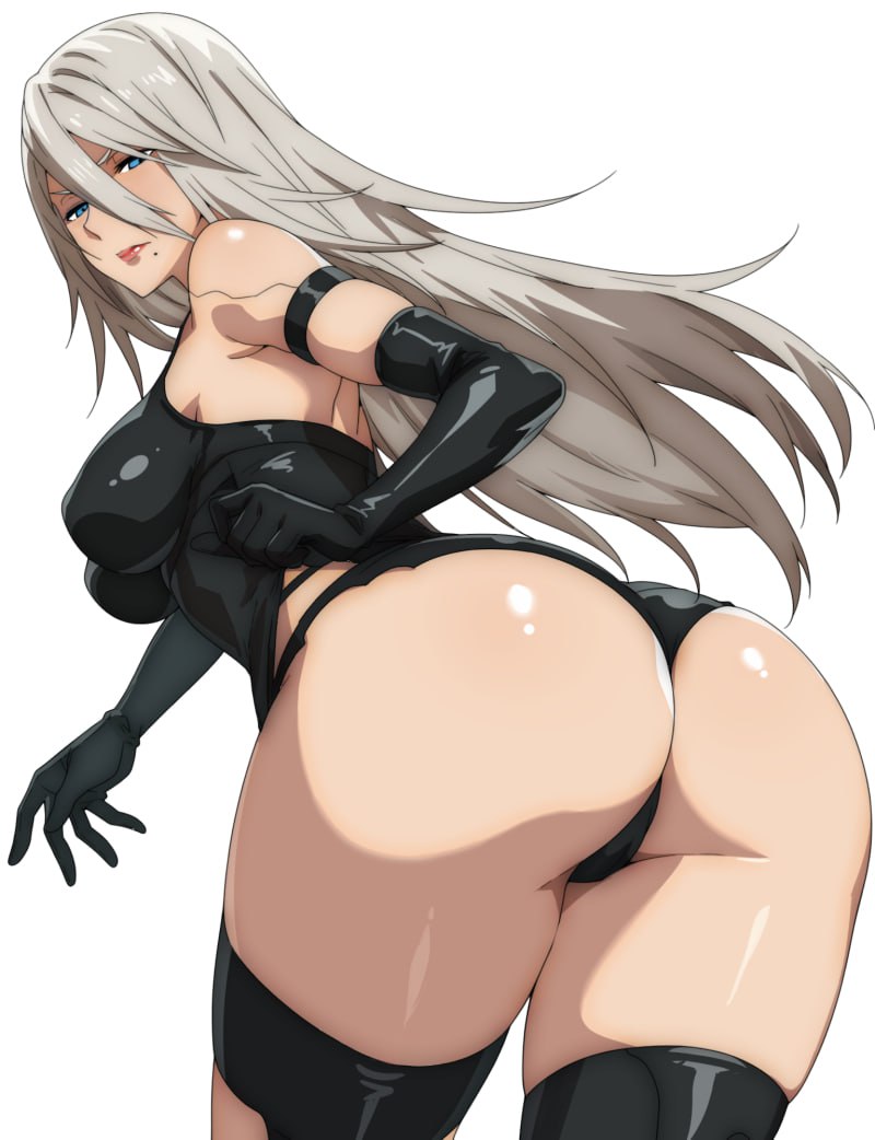 Hot Anime Girl in Latex Showing Ass Hot anime girl with luxurious long white hair dressed in black latex body lingerie showing off her juicy ass cheeks and thick thighs in a seductive over-the-shoulder pose.