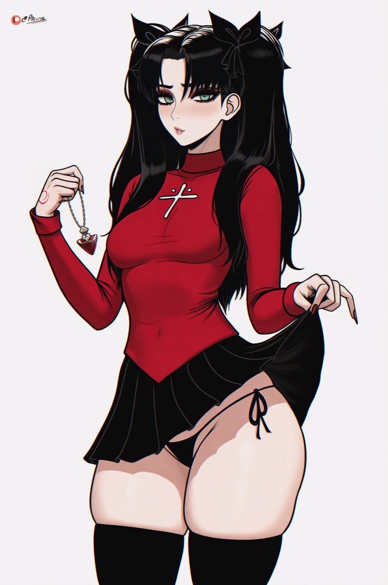 Hot Anime Girl Showing Thick Thighs and G-String Panties Hot anime girl in red top and black skirt lifting her skirt to show her g-string panties and thick thighs