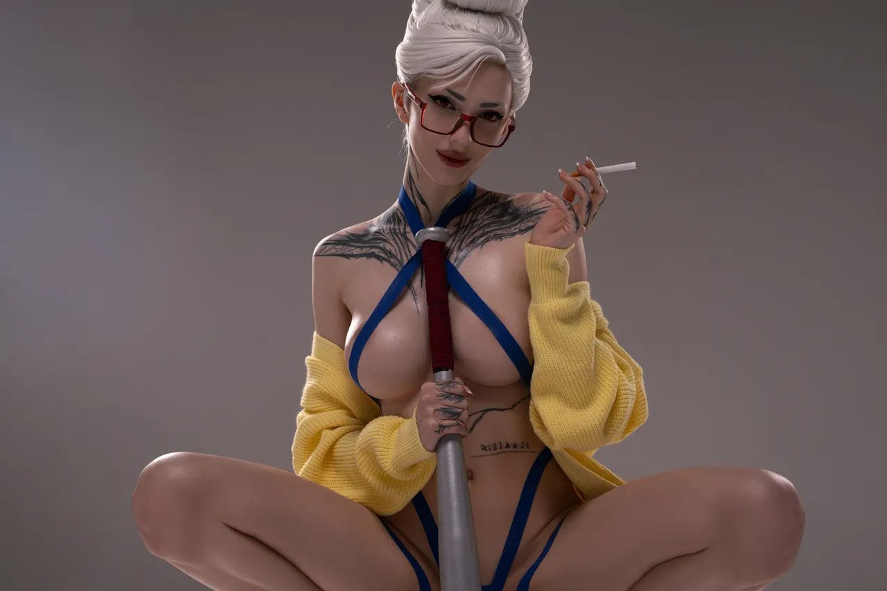 Hot Blonde MILF with Baseball Bat and Cigarette Hot blonde MILF in red glasses and blue lingerie holding a baseball bat while smoking a cigarette