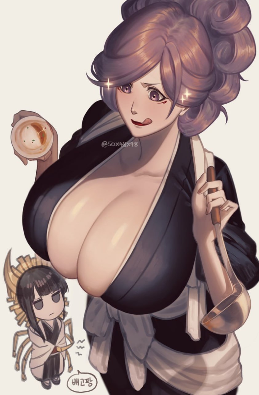 Busty Anime Girl with Massive Breasts Massive breasted anime girl with a suggestive expression, holding a cup and ladle.