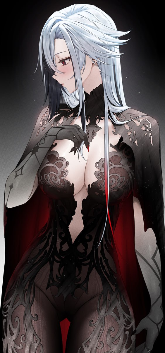 Mysterious Succubus with Ample Cleavage Mysterious succubus with long silver hair and ample cleavage in a sheer black lace gothic catsuit looking coyly towards her right, revealing her massive breasts.