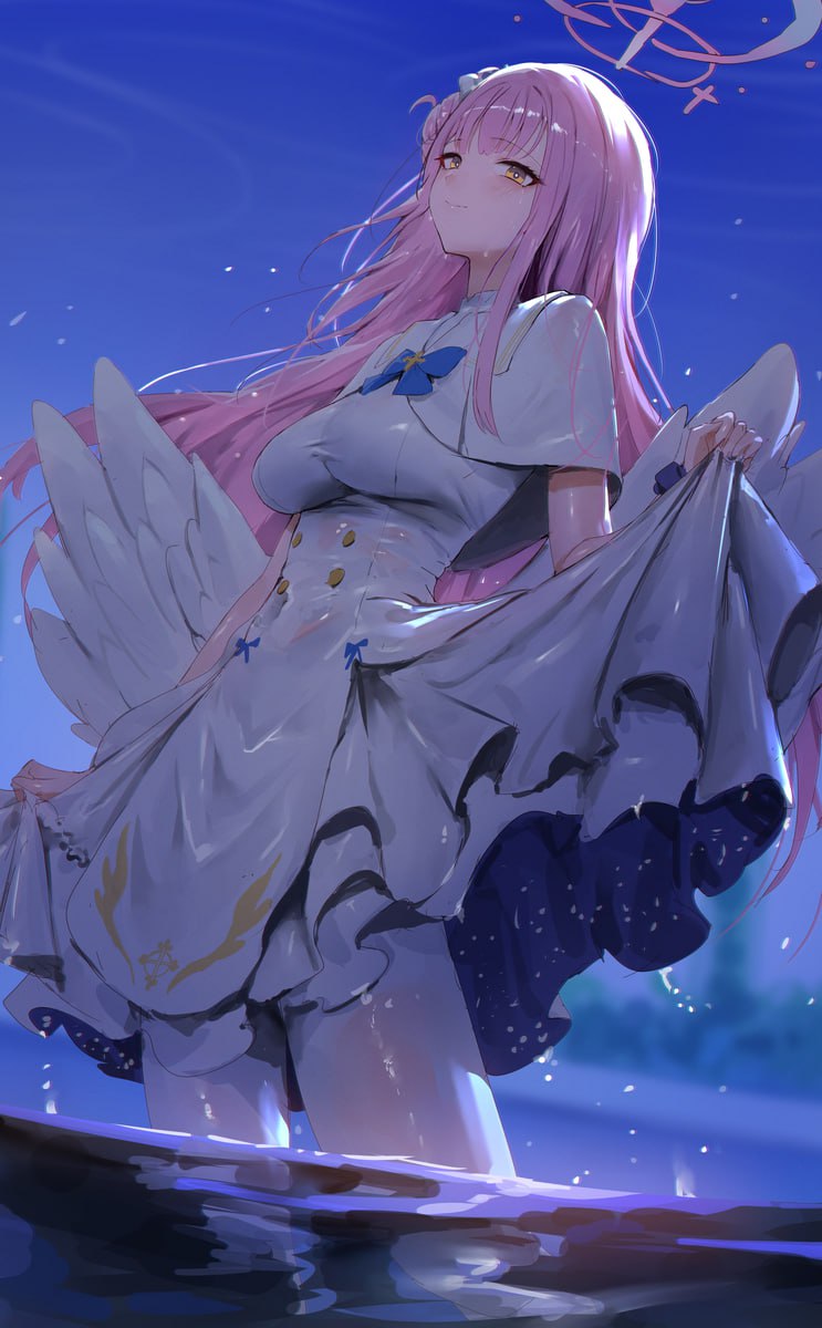 Pink-Haired Anime Angel Girl in Wet Dress with Big Tits Pink-haired anime angel girl with big tits in a soaking white dress by the water.