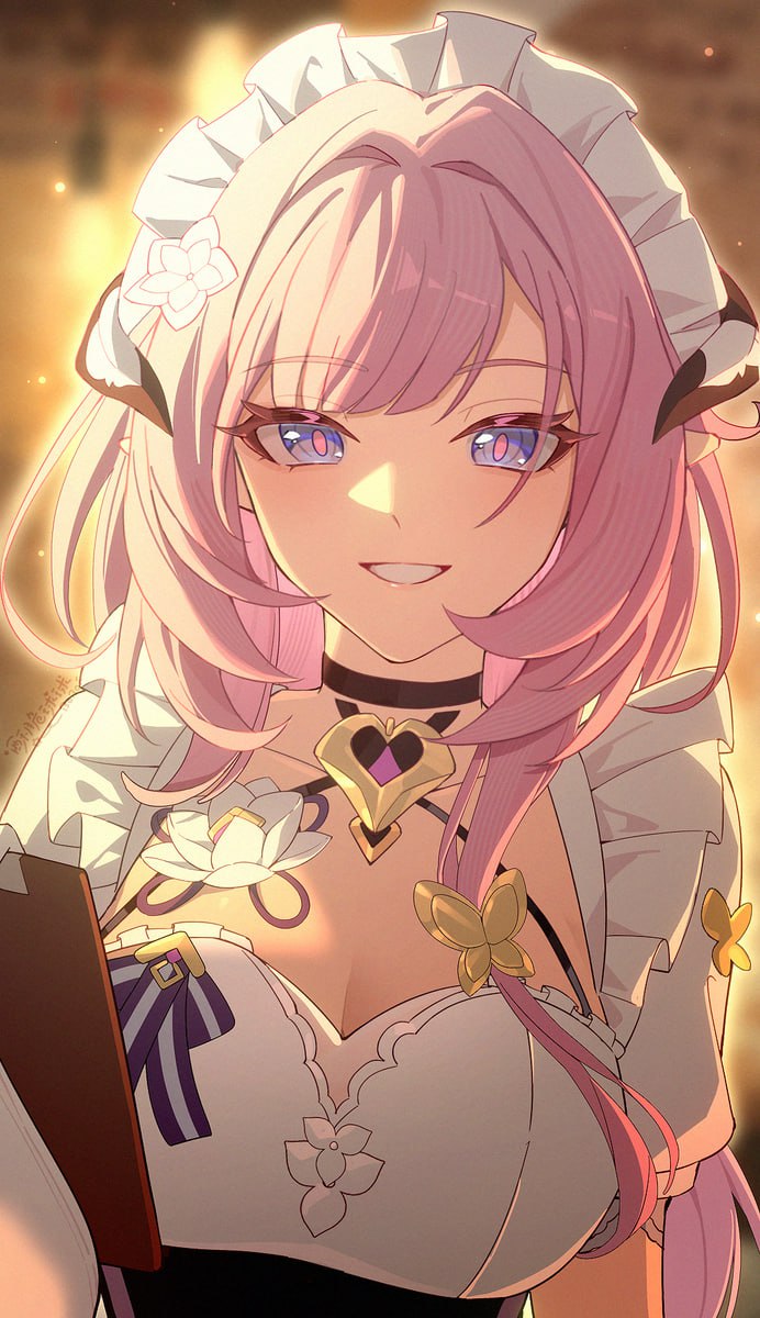 Pink-haired Anime Beauty with Alluring Cleavage Pink-haired anime beauty with a sweet smile and alluring cleavage