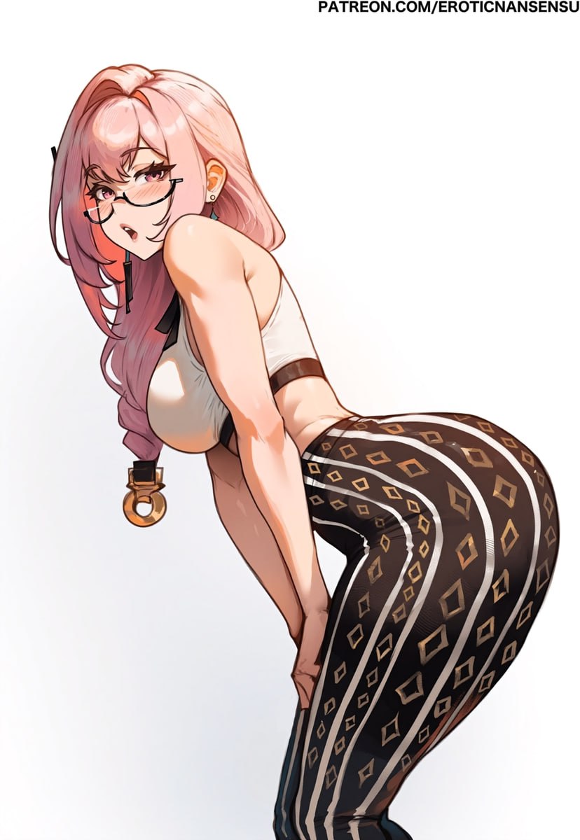 Pink-Haired Intellectual Beauty in Glasses Bends Over to Show Off Her Generous Ass Pink-haired intellectual beauty in glasses shows off her sexy curvy body in tight pants with a generous ass