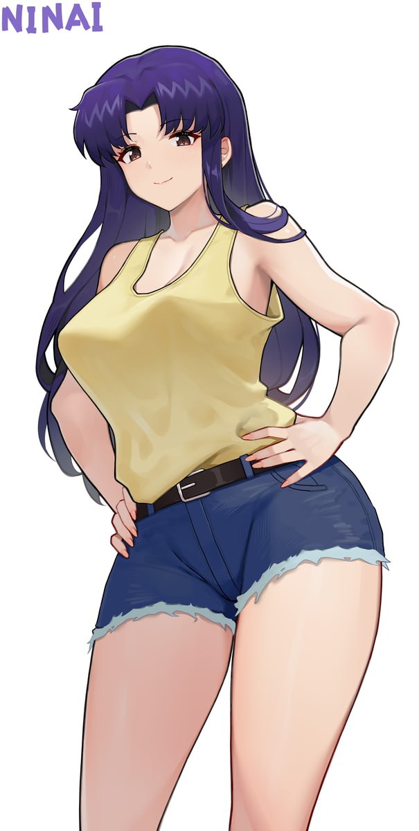 Purple-Haired Anime Babe in Yellow Top and Denim Shorts Purple-Haired Anime Babe in Tight Yellow Top and Denim Shorts, Displaying Her Curvaceous Body