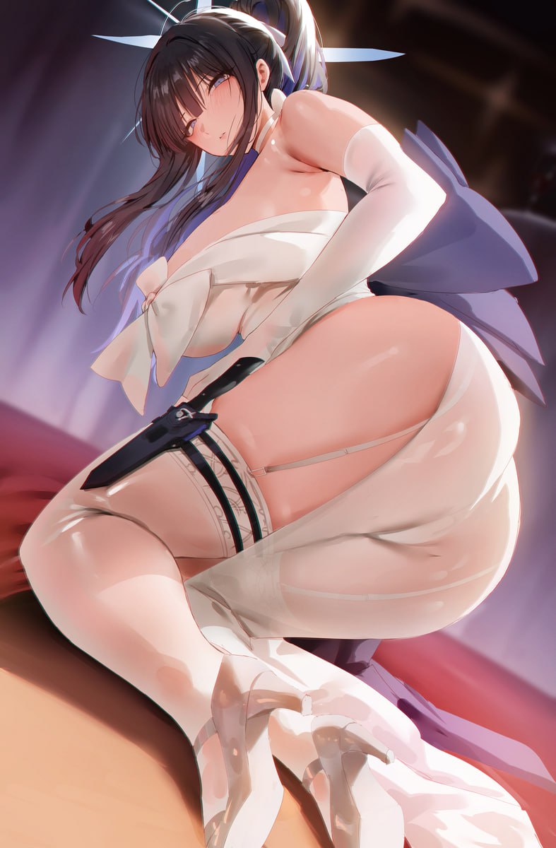 Seductive Anime Girl with Big Hips and Thighs Seductive anime girl with a dagger in white dress showing off her big hips and thighs.