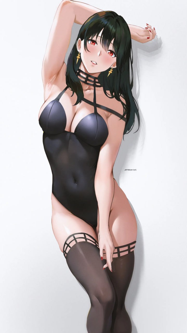Seductive Anime Girl in Black Bodysuit and Thigh-High Stockings Seductive Anime Girl in Black Bodysuit and Thigh-High Stockings
