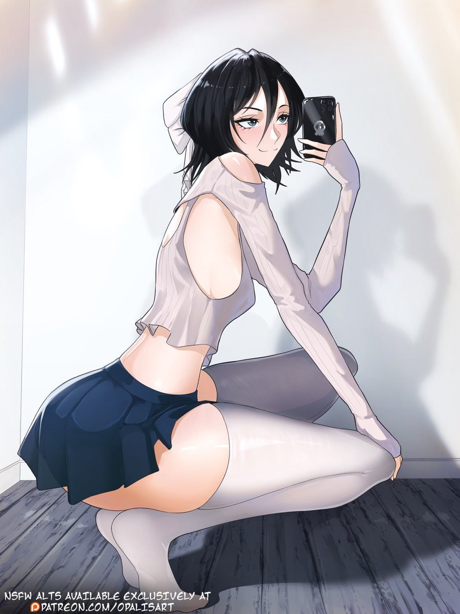 Seductive Anime Girl Selfie in Short Skirt An adorable anime girl in a short skirt and thigh-high socks poses for a selfie, showing off her seductive figure.