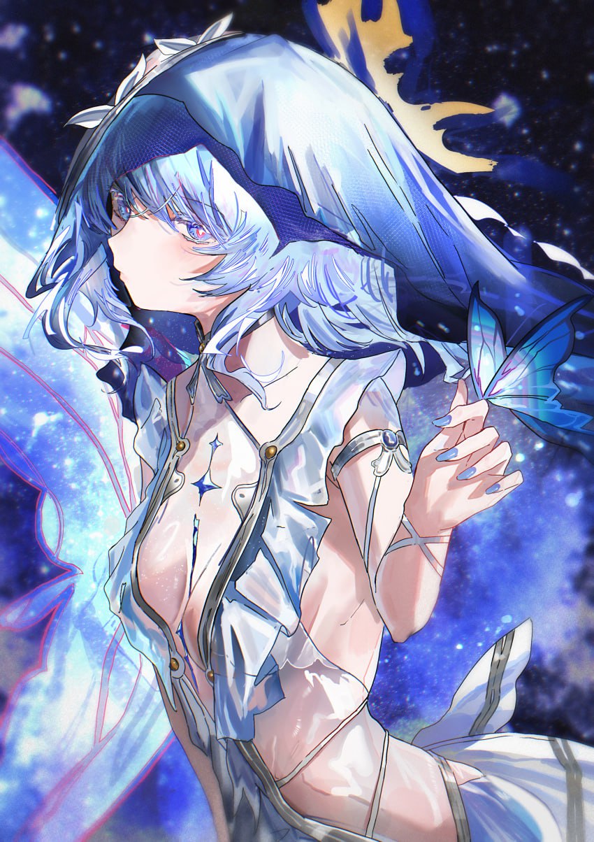 Seductive Nymph Reveals Bountiful Cleavage in Mystical Blue Fantasy Art A stunning anime artwork of a seductive nymph with alluring eyes and a revealing dress revealing her bountiful breasts and cleavage, set against a mystical blue backdrop. This ethereal beauty captivates with her delicate features and provocative attire.