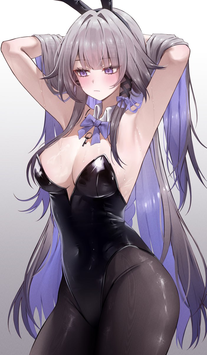 Sexy Anime Girl in Bunny Suit Displaying Hot Cleavage Purple-eyed anime girl in a tight black bunny suit and sheer stockings, posing with her hands behind her head, showing off her luscious cleavage and ample, sexy body.