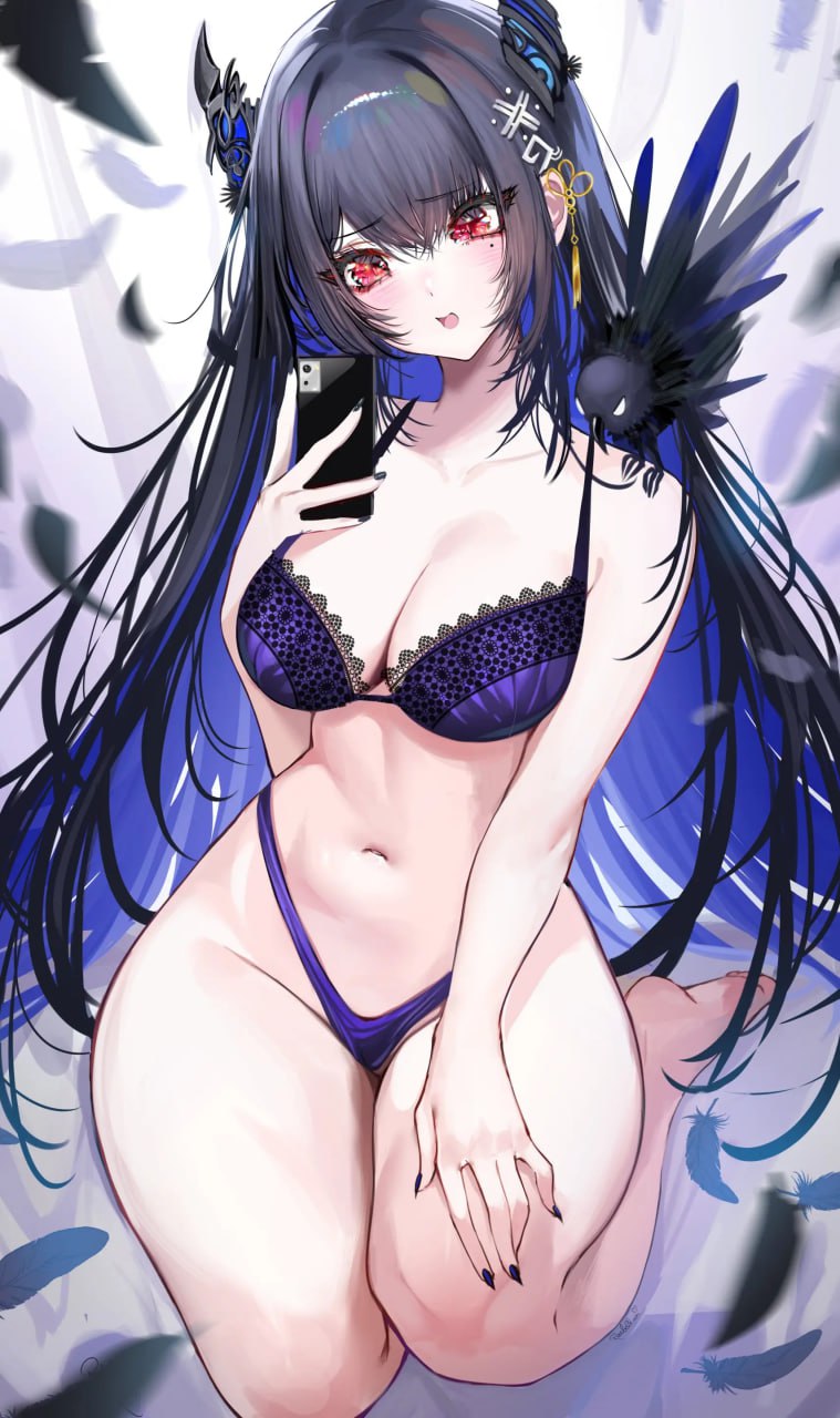 Sexy Anime Girl in Purple Lingerie Sexy anime girl in alluring purple lingerie striking a seductive pose for a phone selfie, showcasing her ample breasts and curvy thighs.
