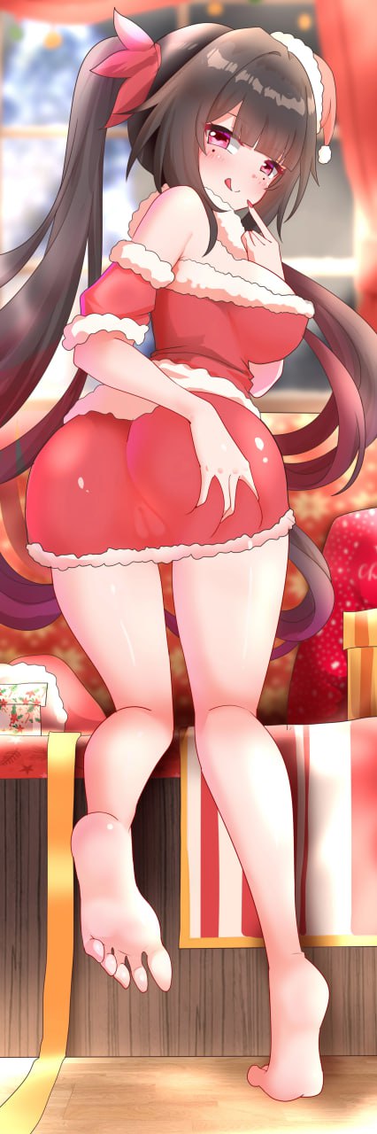 Sexy Anime Santa Girl with Big Butt and Bare Feet Hot anime girl in a sexy Santa dress, showing off her luscious curves and bare feet, teasing for a Christmas delight.