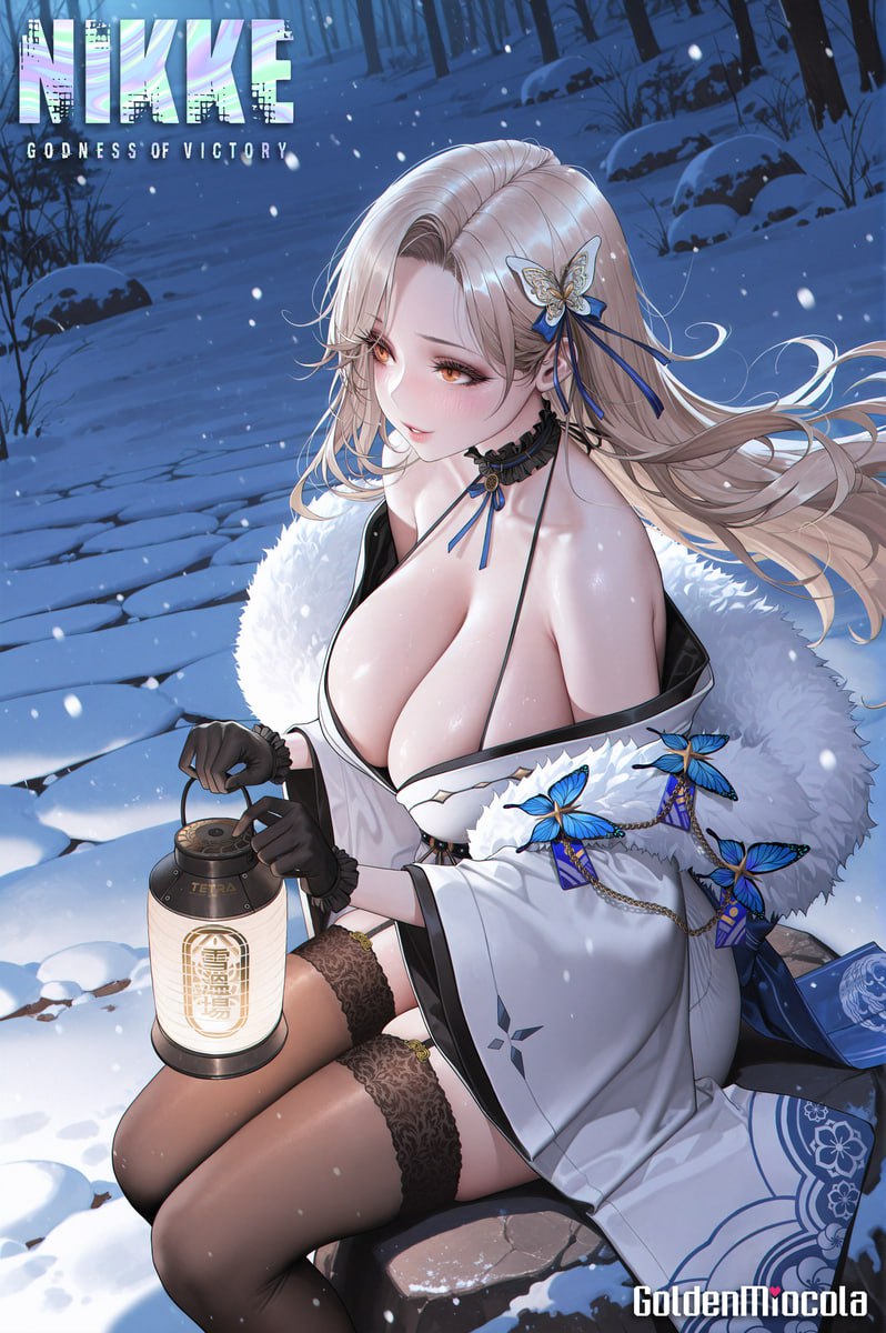 Sexy Blonde Nikke with Massive Tits Sexy blonde Nikke with massive tits sitting in the snow holding a lantern