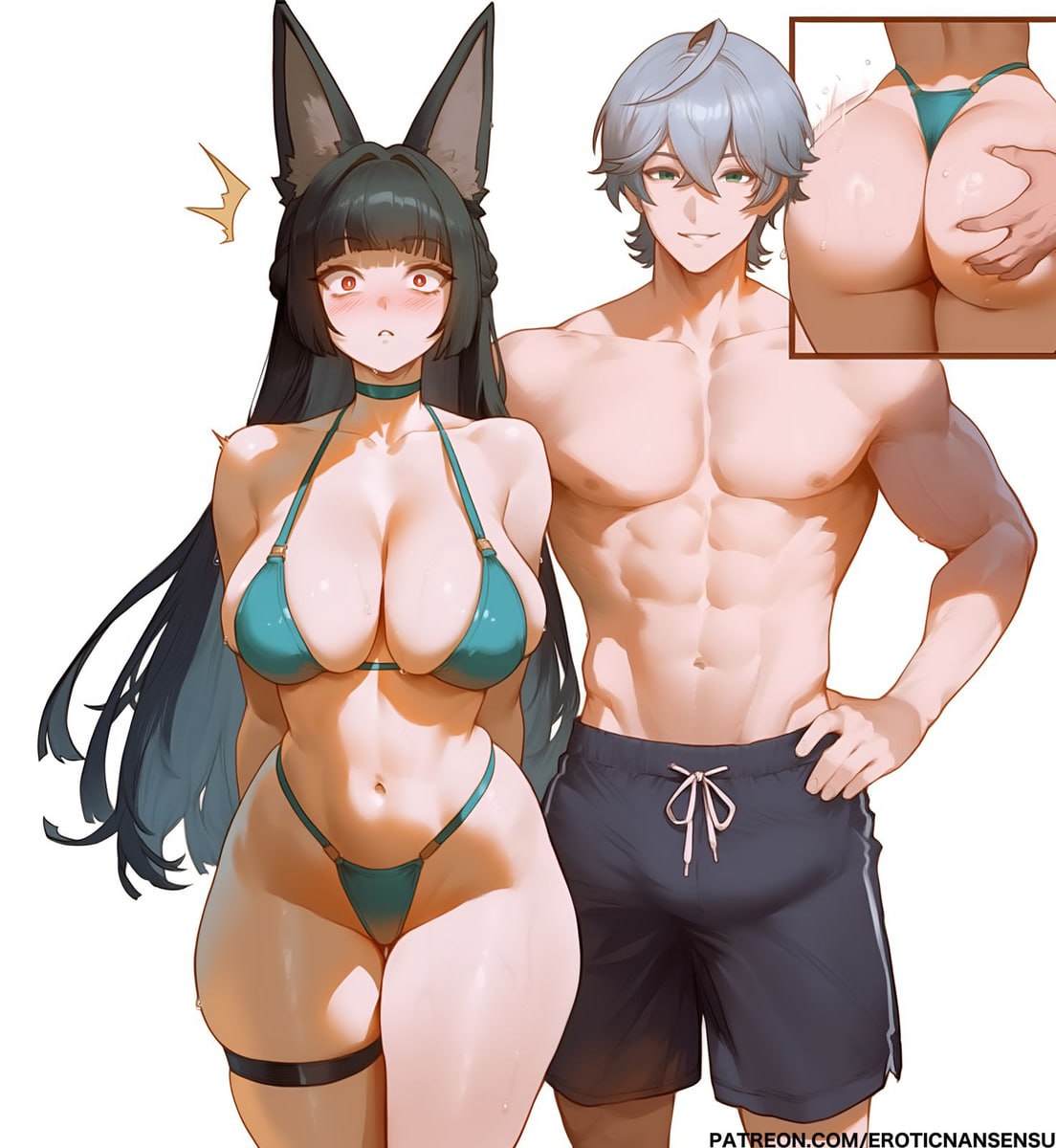 Anime Fox Girl Thong Bikini Sexy Fox Girl and Muscular Man in Swimwear
