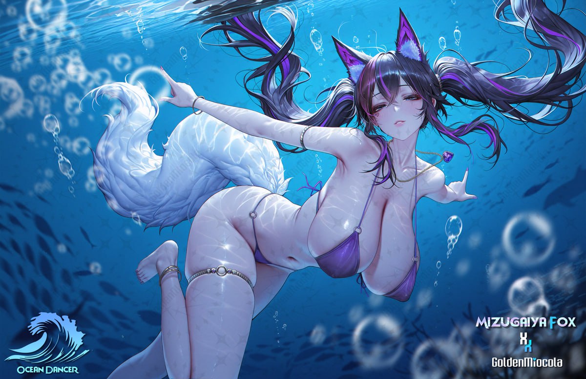 Sexy Kemonomimi Girl in Purple Bikini Underwater Sexy kemonomimi girl in purple bikini exploring the depths of the ocean, her luscious body surrounded by bubbles and fish.