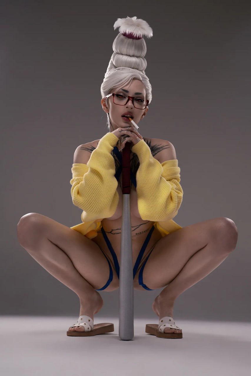 Sexy Librarian with Baseball Bat Squatting Sexy librarian cosplay with baseball bat