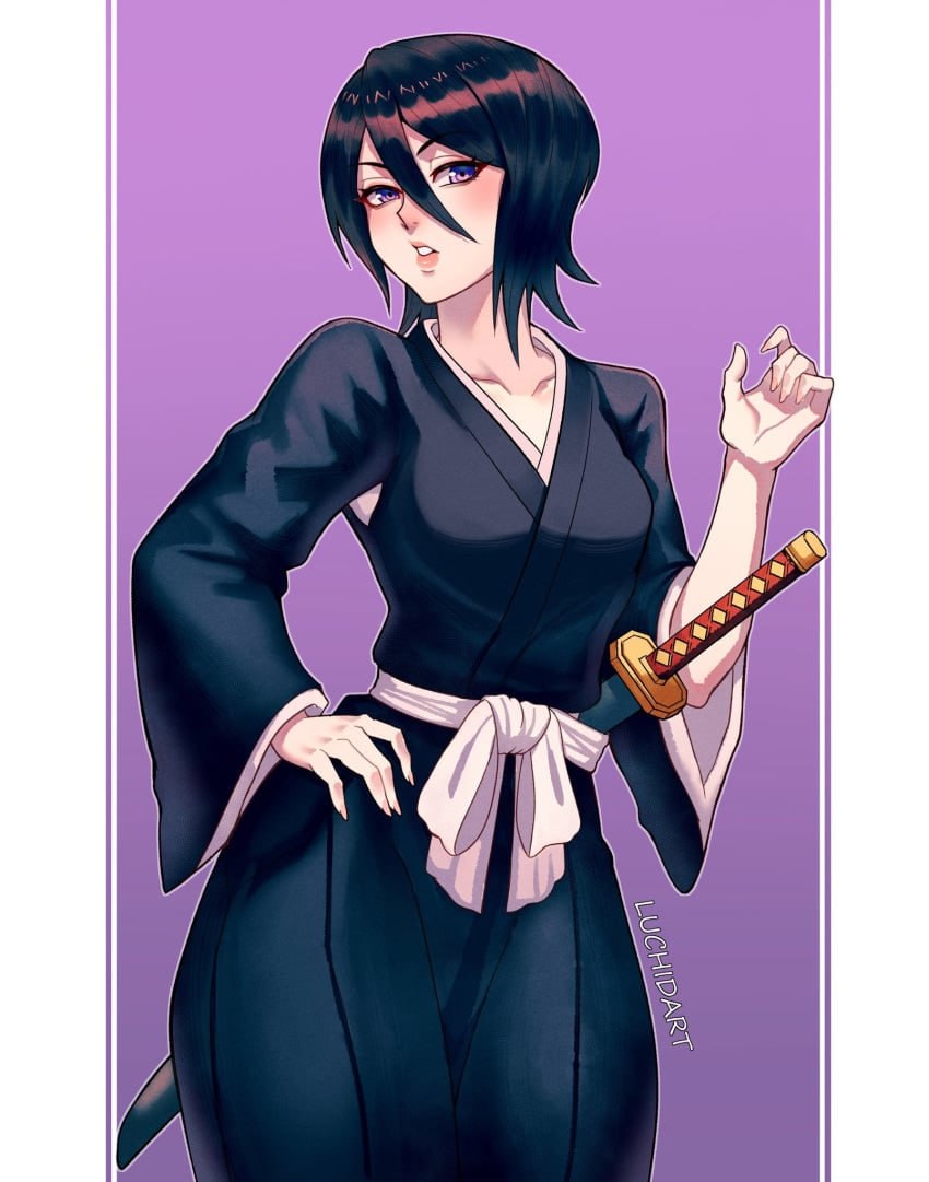 Sexy Rukia Kuchiki in Bleach Shinigami Uniform Hot and sexy anime girl Rukia Kuchiki from Bleach in her shinigami uniform posing for a seductive photo.